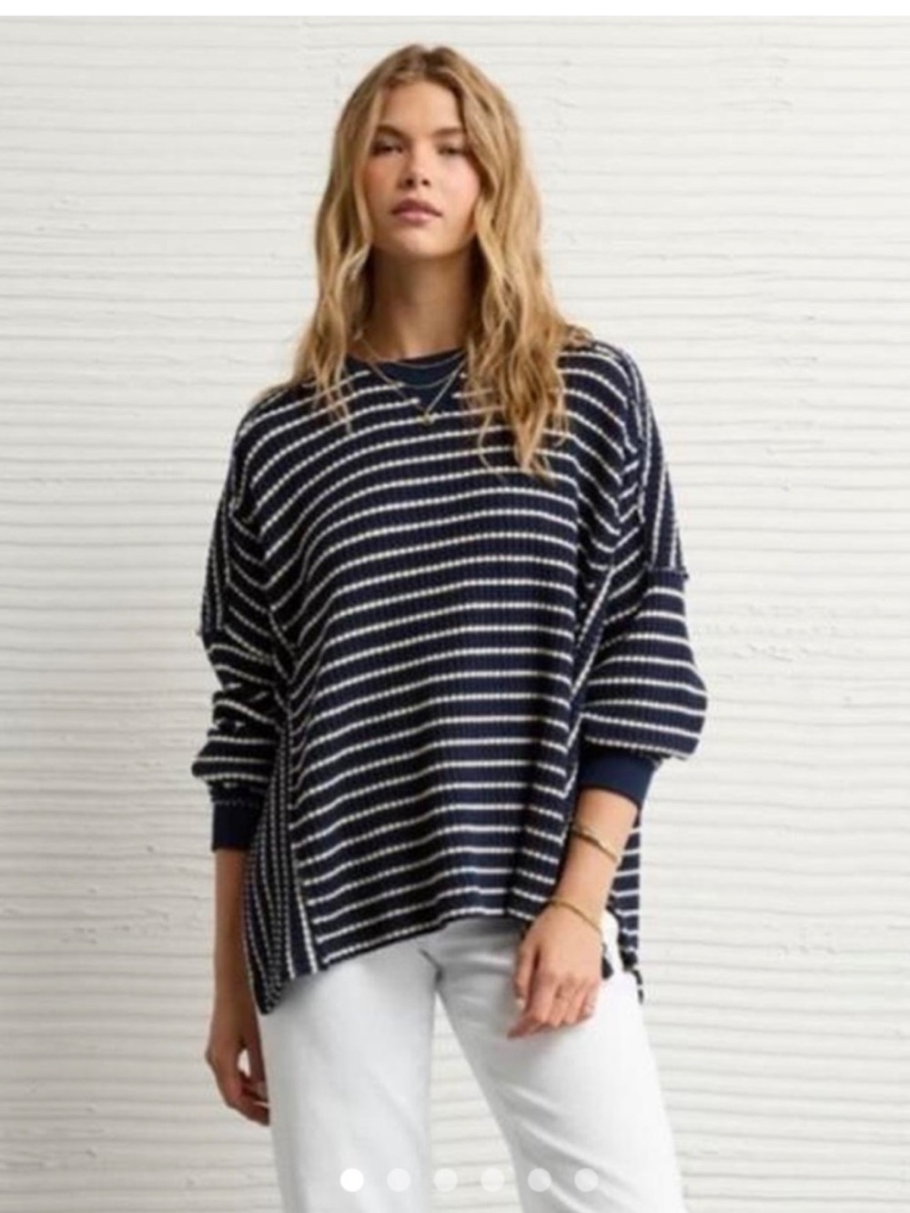 American Eagle Outfitters Navy and White Striped Drop-Shoulder Sweater